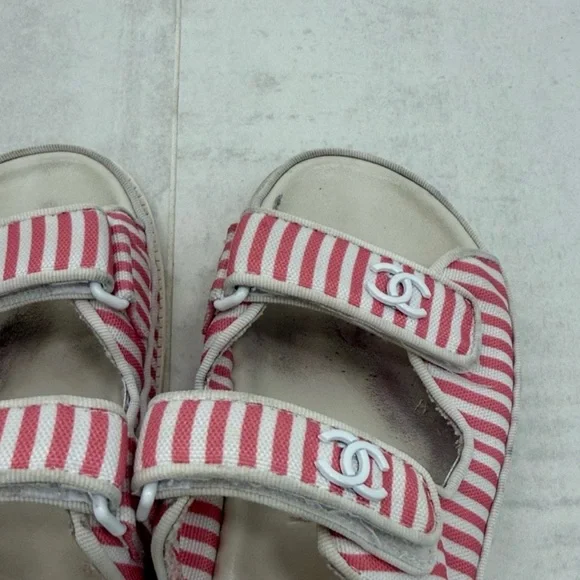 Chanel Printed Calfskin Velcro Dad Flat Mules Sandals Red Stripe 38 EU / 8 US - Picture 9 of 10